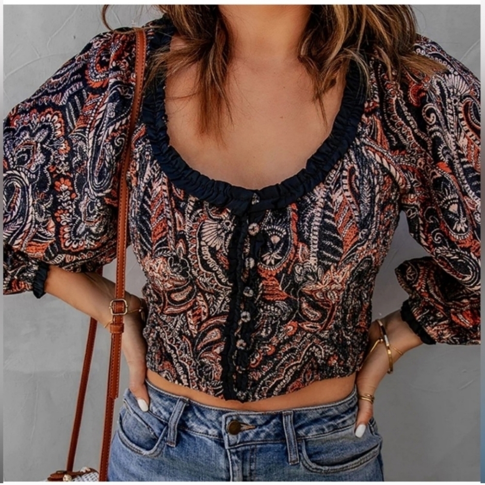 Free People Dare Me Velvet Paisley Cropped Ballon Sleeve Open Back Blouse